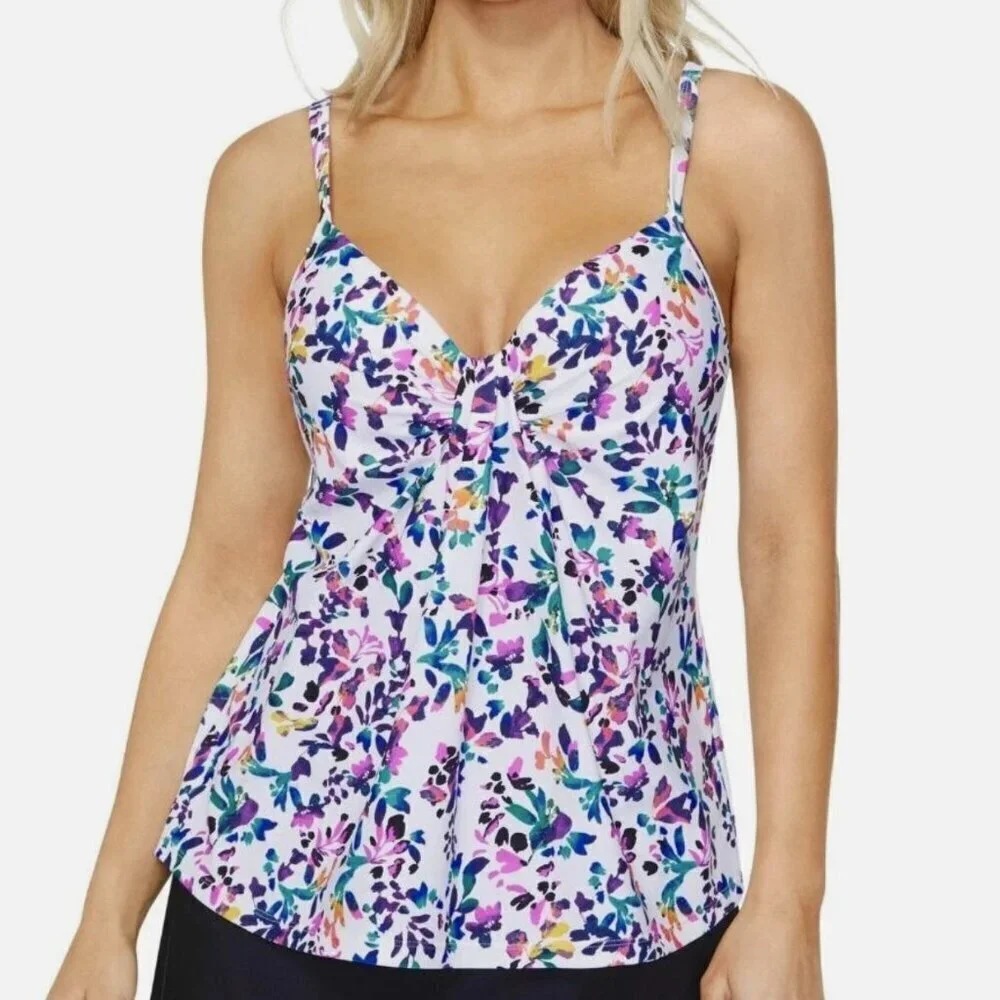 Island Escape Underwire Tankini Top Swimsuit White Floral Size 6 New